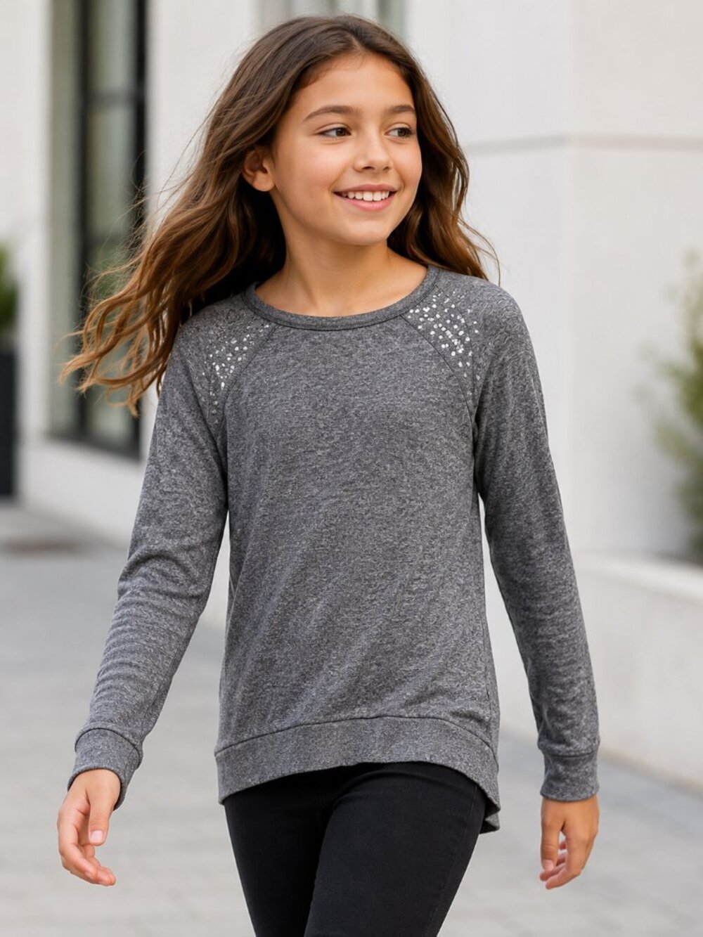 Justice Girls Gray Sweatshirt Rhinestone Shoulders Size 12